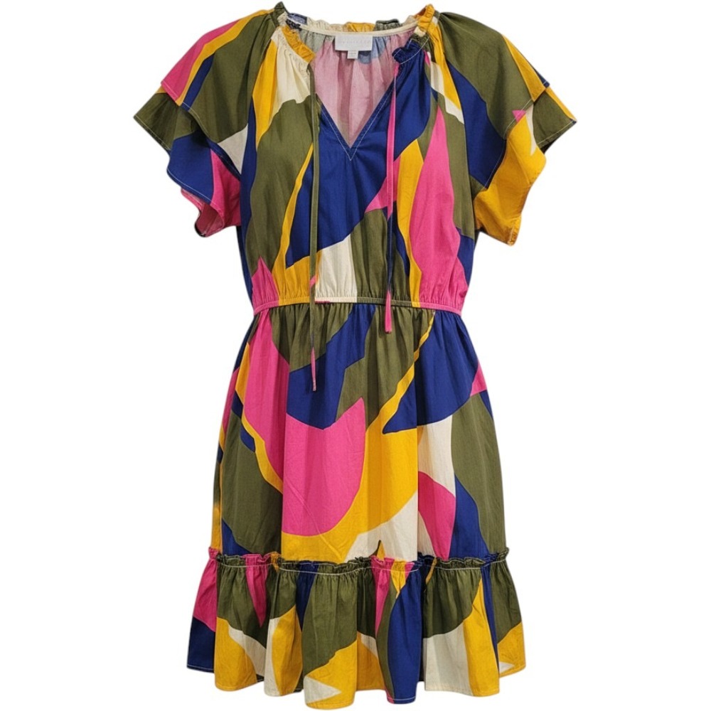 Sugarlips Rio Abstract Poplin Geometric Print Cotton Mini Dress M Multi-color